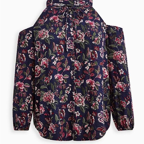 Cold Shoulder Blouse - Crinkle Gauze Floral Navy 4X - Picture 3 of 5